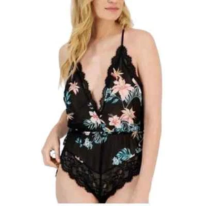 Inc Lace Chiffon Floral Lingerie Bodysuit-Vacation Tropical M Black - Picture 1 of 2