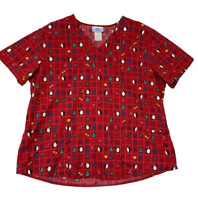 SB Scrubs Top Women’s Large Red Pockets Christmas Holiday Penguin Medical Shirt - Image 1 of 4