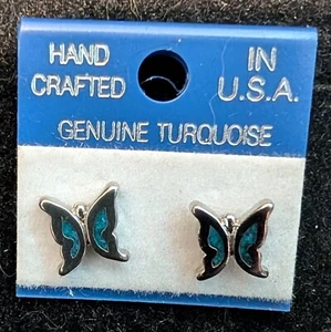Vintage Butterfly Earring Turquoise Chip Nickel Silver Post Size 1/4" by 1/4" - Picture 1 of 2