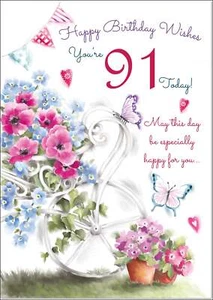 Doodlecards 91st Birthday Card Age 91 for Her Garden Wheelbarrow Bouquet - Picture 1 of 4