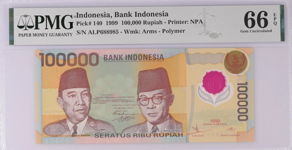 Indonesia 100000 Rupiah 1999 P 140 Polymer Gem UNC PMG 66 EPQ - Image 1 of 1