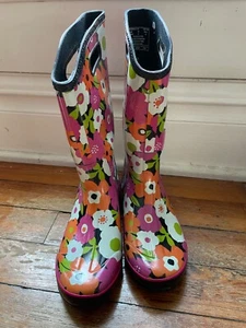 Bogs Boots Rubber Pansies Flower Pull On Waterproof Boots -Ladies Womens SIZE 12 - Imagen 1 de 7