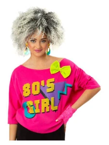 80s T Shirt Ladies Disco Retro Rewind Neon Fancy Dress Accessory Top - Picture 1 of 5