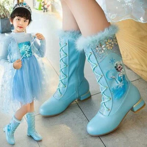 New UK Top Quality Kids Girls Elsa Princess Crystal Sequin High Boots & velve - Foto 1 di 22