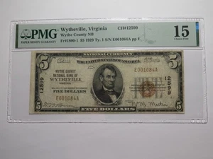 $5 1929 Wytheville Virginia VA National Currency Bank Note Bill #12599 F15 PMG - Picture 1 of 5