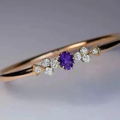3CT Oval Cut Lab-Created Amethyst Women's Bangle Bracelet 14K Yellow Gold Finish - Image 1 of 3