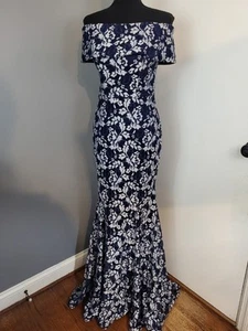 Betsy & Adam Formal Metallic Evening Gown Women's Sz 4 Blue Silver Lace Dress - Picture 1 of 10