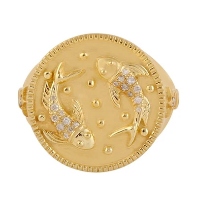 14K Yellow Gold Diamond Pisces Fish Ring US 7 Zodiac Fine Jewelry For Women - Image 1 of 4