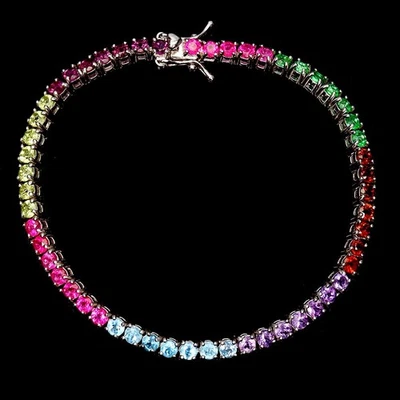 925 Sterling Silver Round Bracelet with Rhodolite, Amethyst, and Topaz. No... - Image 1 of 4