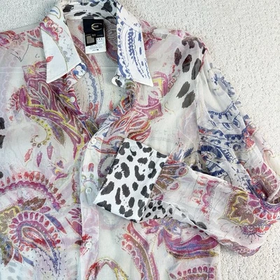 Just Cavalli Sheer Silk Paisley Animal Print Blouse Women’s Large Italy $495 - Image 1 of 4