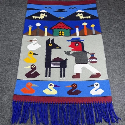 Vintage Peruvian Tapestry Hand Woven Wool Farm Landscape South America 25 X 41 - Image 1 of 4