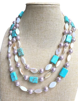 Collar Multi Hilo Madreperla Rosa Imitación Turquesa Perla Tono Plata Foto 1 de 4