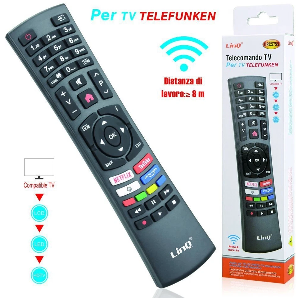 Telecomando LinQ URC5755 universale per TV Telefunken con tasti Netflix Youtube - Immagine 1 di 1