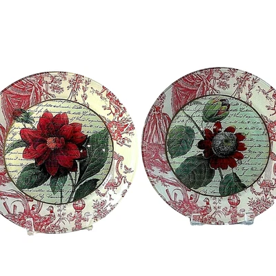 MARYE KELLEY ROJO FLORAL SET 2 PLATOS DE CRISTAL 10"D PARED COLGANTE DECORACIÓN DECOUPAGE Foto 1 de 4