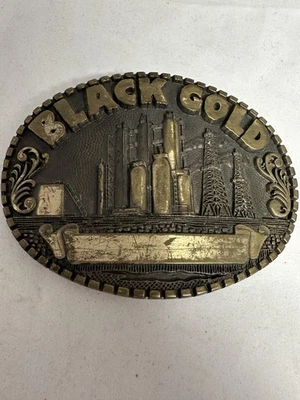 Fivela de cinto vintage anos 80 plataforma offshore bronze ouro preto petróleo perfuração campo petrolífero - Imagem 1 de 4