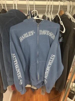 Harley Davidson Y2K Vintage Spell Out Sleeve Full Zip Hoodie Navy Size M-L - Image 1 of 3