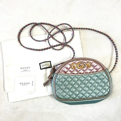 GUCCI Zumi Quilted Flora Shoulder Bag Pink Green Leather Lame Women’s Crossbody - Image 1 of 4