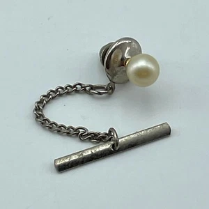 Vintage Tie Tack Pin Button Pearl Accent Round Gold Tone Mens Accessory 2" - Picture 1 of 4