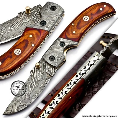 Cuchillo plegable de caza de acero Damasco forjado a mano personalizado con funda H08 Foto 1 de 4