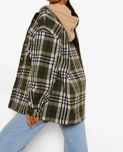 Boohoo Hooded Oversized Tonal Check Shacket UK 8, 10, 12, 14, 16, 18 Brand New - Picture 1 of 8