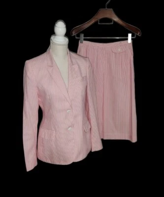 Conjunto Traje Falda Vintage John Meyer Talla 12 Talla 14 Rosa Blanco Rayas  Foto 1 de 4
