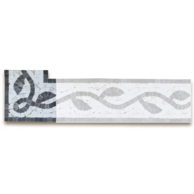 B0119CP Mosaic Border Corner Carrara Gray Marble Whirlwind Leaf Listello Tile - Image 1 of 4