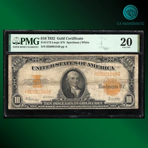 FR.1173 1922 $10 Dollars Gold Certificate, HILLEGAS NOTE, PMG 20, 01549 - Picture 1 of 2
