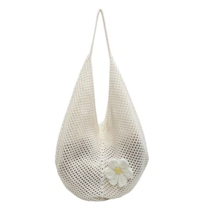 Frauen hohl gewebte Tasche Handtasche Blume Häkelwälztasche Strandtasche (weiß) - Picture 1 of 12