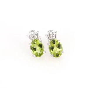 Natural Peridot and Diamonds Gemstone Studs Earrings 14K Solid White Gold r867 - Picture 1 of 4