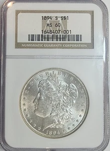 1894-S, U.S. Morgan Silver Dollar, NGC, MS-60 - Picture 1 of 4