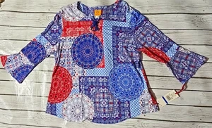 Ruby Rd Womens Top XL Bell Sleeve Red Blue Bandana Plaid Floral Lace Up NWT - Picture 1 of 7