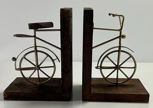 Vintage MCM Holz & Metall Messing Fahrrad Buchstützen 2 Stück Set - Bild 1 von 10