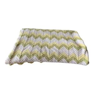 Vtg Afghan 68"x77" Green Yellow Chevron Zig Zag Crochet Blanket Throw MCM Retro - Picture 1 of 5
