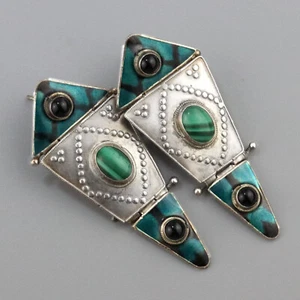 Vintage Artisan Handmade Enamel + Malachite Sterling Silver Onyx Earrings - Picture 1 of 6