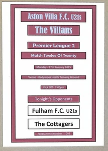 ASTON VILLA U21s v FULHAM U21s 27.01.25 PREMIER LEAGUE 2 PROGRAMME - Picture 1 of 3