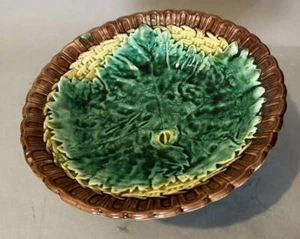 Vintage Antique Majolica Basketweave & Leaf Decorated Compote Serving Bowl - Picture 1 of 7