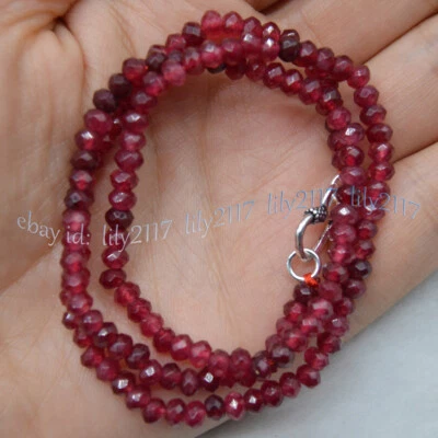 Collar de cuentas rondelle facetadas de granate rojo natural de 2x4 mm broche de plata Foto 1 de 4
