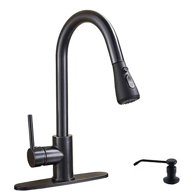 Kitchen Faucet Black Pull Down Sprayer Head 3 Holes Sink Taps W/soap dispenser