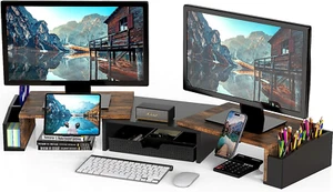 Simple Houseware Desk Dual Monitor Stand Riser with Drawer, Desk Rustic Brown - Afbeelding 1 van 12