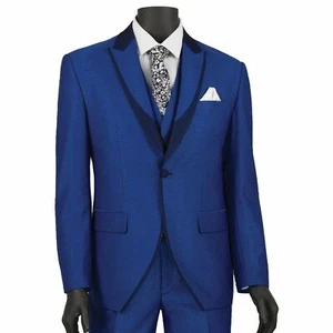 VINCI Men's Blue Textured 3pc Tuxedo Suit w/ Black Lapel & Trim NEW - Picture 1 of 3
