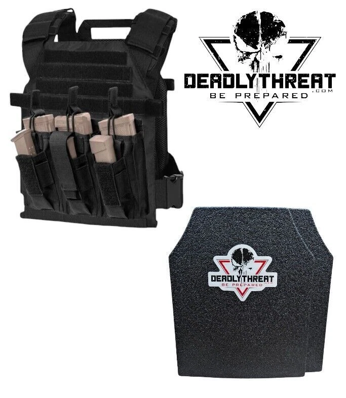 DEADLY THREAT ARMOR Active Shooter Black Tactical Vest Plate Carrier W/ Level III L3 Fearless Armor