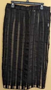 ZARA Size L Black Midi Semi-Sheer Skirt Vertical Striped Velvet Slit & Zip Back - Picture 1 of 14