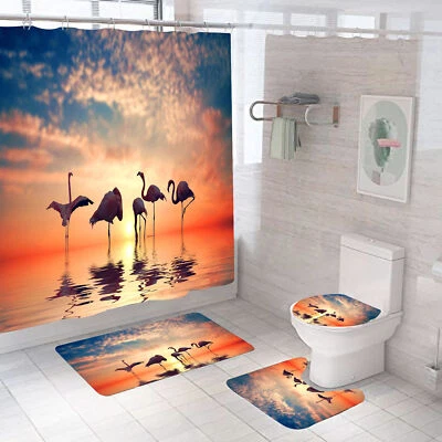 Sunset Flamingo Ocean Shower Curtain Bathtub Bathroom Toilet Cover Mat Rug - Image 1 of 4