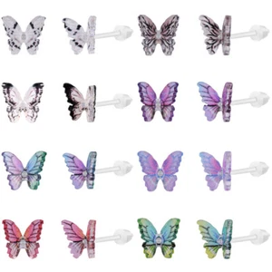 1/9 Pairs Butterfly Stud Earrings Plastic Resin Ear Studs Helix Piercing Jewelry - Picture 1 of 25