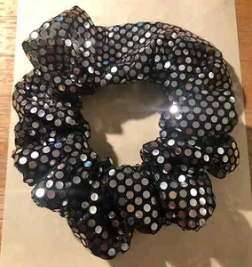 Silver Sequins / Confetti Dots on Black Mesh Handmade Hair Scrunchie Christmas - Picture 1 of 1