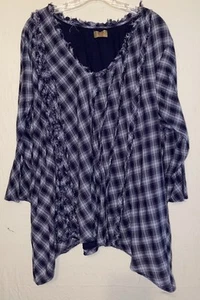 Tulip Top Plaid Frayed XL Women’s Blue Shark Bite Hem - Picture 1 of 5