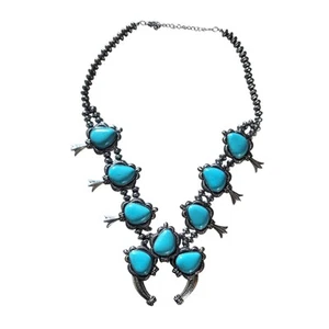 Squash Blossom Necklace Southwestern Statement Faux Turquoise Western Boho - Picture 1 of 10