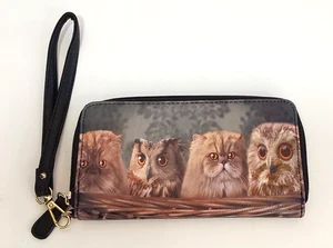 Katzen und Eulen Geldbörse, Kunstleder, abnehmbare Handschlaufe, Reißverschluss, 7,5" - Bild 1 von 8