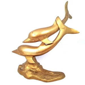 Coppia di delfini da nuoto vintage scultura su piedistallo di fondo marino ottone massiccio 9,5" - Foto 1 di 6