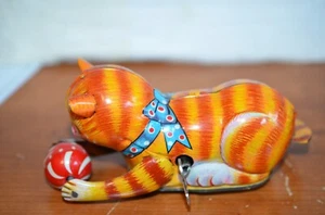 Vintage Tin Lithograph Toy Turn Over Cat Wind-Up Japan Works Original Box - Picture 1 of 6